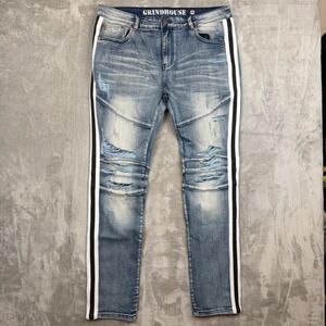 Grindhouse Denim Mens 38 Distressed Moto Biker Jeans Light Wash Side Stripe Slim
